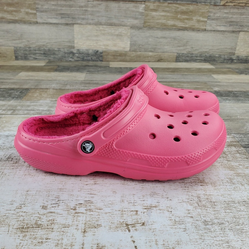 Crocs Classic Lined Clogs Sandals Sz 11 Fuzzy Pink Interior Rubber Slingback